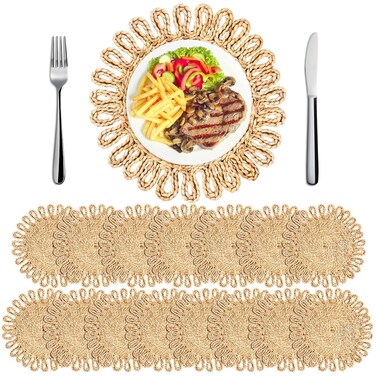 Zopeal 16 Pieces 11 Inches Fall Woven Round Placemats Rattan Chargers Wicker Boho Placemats Natural Braided Table Mats Corn Husk Place Mats Wicker Charger Plates for Thanksgiving Wedding(Solid)