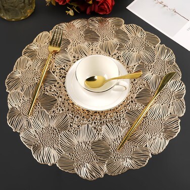 Mabbcoo Gold Round Placemats for Dining Table Set of 6 Pressed Vinyl Metallic Place Mats Table Mats for Wedding Anniversary Party Decorations