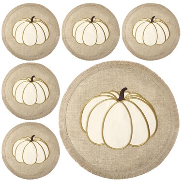 Gandeer Thanksgiving Placemats Set of 6 Fall Placemats Autumn Farmhouse Harvest Table Mats Polyester Place Mats 15 Inch Round for Table Party Home Dining Kitchen Decor(Pumpkin)