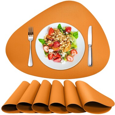 Herda Faux Leather Fall Placemats Set of 6 Wipeable Washable Place Mats for Round Table Non-Slip Table Mats for Kitchen Dining Patio Heat Resist Easy to Clean Orange Placemats