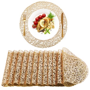 Sieral 12 Packs Gold Round Placemats 15 Inch Hollow Out Pressed Vinyl Place Mats Heat Resistant Woven Gold Placemats for Christmas Dinner Table Winter Holiday Party Wedding Centerpiece Decoration