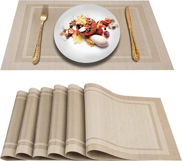 DACHUI Placemats Set of 6, Linen Look Woven Place Mats, Water Resistant, Heat Resistant, Washable, Durable Table Mats (Beige)
