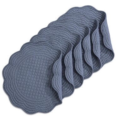 HOMBYS Quilted Placemats Set of 6 Washable Round Placemats for Kitchen Table-100% Cotton Fabric 13 Inch Round Table Mats (13"x13", Blue)