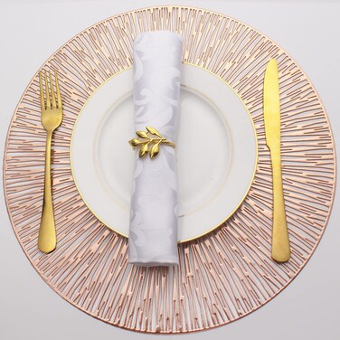 Evevda Placemats for Dining Table Set of 4 Round Hollow Out Table Mats Pressed Metallic Vinyl Plastic Place Mats Table Decoration for Holiday Wedding Accent Centerpiece(Rose Gold Radial Circle)&acirc;&euro;&brvbar;