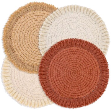 13 Inch Fall Round Cotton Placemat Set of 4 Boho Placemats Table Mats Woven Washable Table Placemats for Fall Kitchen Dining Home Farmhouse Thanksgiving Christmas Decoration Heat Resistant Place Mat