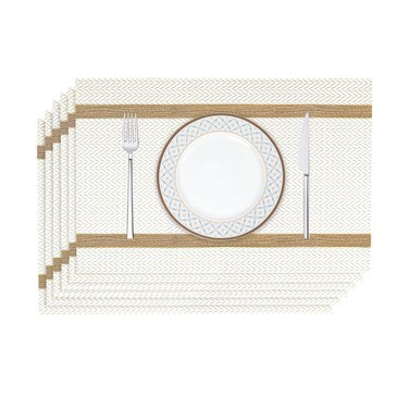fanquare Beige White PVC Woven Placemats Set of 6 with Gold Striped Table Mats - Reversible Design for Formal and Business Occasions - Easy to Clean with Damp Cloth