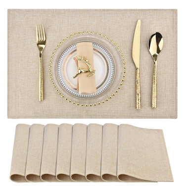 SLKQG Beige Cloth Placemats Set of 8 - Double Thickened Easy to Clean Linen Style Fabric Placemats - Machine Washable Placemats - Heat Resistant Non-Slip Table Mats (Beige, 8)