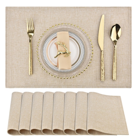 SLKQG Beige Cloth Placemats Set of 8 - Double Thickened Easy to Clean Linen Style Fabric Placemats - Machine Washable Placemats - Heat Resistant Non-Slip Table Mats (Beige, 8)
