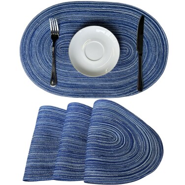 WAZAIGUR Oval Placemats Cotton and Vinyl Woven Cute Heat-Insulated Washable Table Placemats, Dining Table Mats Set of 4, Kitchen Table Mats, Blue and White