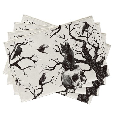 Seliem Halloween Skull Black Cat Placemats Set of 4, Gothic Crow Tree Branch Spider Scary Dining Table Place Mats, Holiday Kitchen Decor Goth Themed Party Home Decoration 12 x 18 Inch