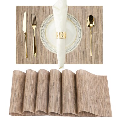 Light Brown Placemats Set of 6 Washable Place Mats PVC Vinyl Woven Table Mats for Dining Table Durable Heat Resistant Non-Slip Size 12 x 17 Inch