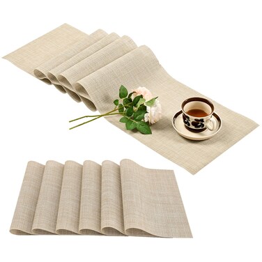 Leetaltree Beige Table Runner and Placemats Set of 7, Heat Resistant Non-Slip Place mats for Dining Table, Washable Durable PVC Vinyl Woven Table Runner Set
