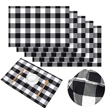 Aneco Buffalo Plaid Placemats Checkered Place Mats Double Layer Placemats 13 x 19 Inches Decorative Kitchen Cotton Table Placemats, Black and White (6)