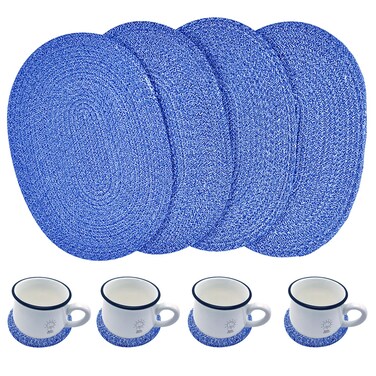 WENFOME 4 Pack Oval Woven Placemats, Mixed Blue Cotton Plate Chargers with 4 Pack Round Coasters, Thick Heat Insulation Mats Household Table Mats Braided Bowl Mats Fabric Rustic Placemats for Dining