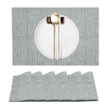 Canglifull Square Placemats Set of 6, Washable Heat-Resistant PVC Vinyl Table Mats and Durable Non-Slip Dining Table Placemats&iuml;&frac14;&OElig;Indoor/Outdoor Placemats (Light Grey, 6)