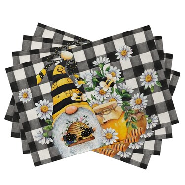 Seliem Spring Bee Gnome Daisy Placemats Set of 4, Honey Black White Buffalo Check Plaid Dining Table Place Mats, Summer Seasonal Farmhouse Kitchen Decor Home Decoration 12 x 18 Inch