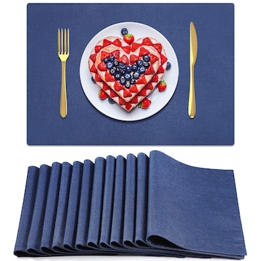 Sieral Cloth Placemats Set of 12 Rectangle Dining Table Placemats Bulk Machine Washable Heat Resistant Cotton Linen Table Mats for Valentine's Day Party Table Supplies, 13 x 19 Inch(Dark Blue)
