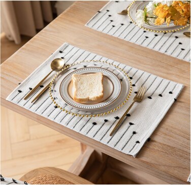 Placemats Set of 6 for Dining Table D&Atilde;&copy;cor, Woven Cloth Place Mats for Farmhouse Kitchen Tabletop, Handcrafted Machine Washable Cotton Table mats 13 x 19 Inch, Black and Beige