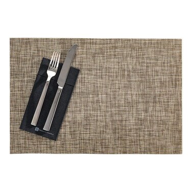 Restaurantware Carmel Mesh 16 x 12 Inch Table Placemats Set Of 6 Woven Washable Placemats - Heat Tolerant No Stain Smoked Gold Vinyl Kitchen Placemats With White Threads Easy To Clean