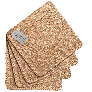 Comfy-co Jute Braided Placemats Set of 4 - Handcrafted Reversible Placemats for Wedding Parties BBQ's Everyday Holidays - 100% Jute 14x14 inches Square Rustic Vintage Placemats Natural