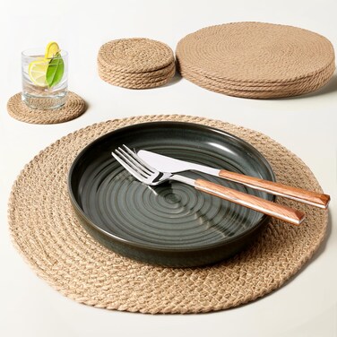 Woven Placemats and Coasters, Natural Jute Placemats Set of 4, Handcrafted Wicker Round Placemats, Rattan Placemats for Dining Table, Farmhouse, Outdoor, and Natural Style Dining (13 Inch)