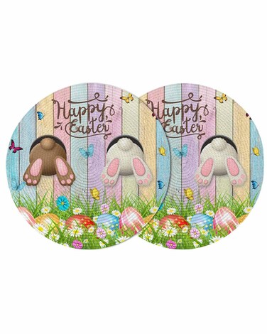 2PCS Retro Round Braided Placemats, Ombre Blue Washable Woven Placemats Coffee Mats 15 inch Heat Resistant Spring Blue Floral Kitchen Table Mats for Dining Table