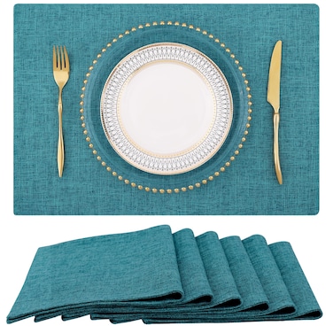 homing Teal Cloth Easter Placemats Set of 6 &acirc;&euro;&ldquo; Cotton Linen Blend Washable Spring Dining Table Mats for Easter, Indoors &amp; Outdoors, Easy to Clean, 13 x 19 Inch