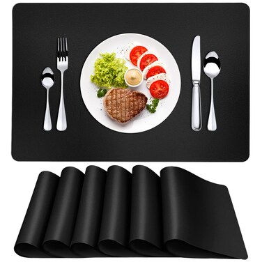Herda Black Placemats Set of 6 Faux Leather Heat Resistant Dining Table mat, Waterproof Wipeable Washable Leather Halloween Table Mats, Easy to Clean Non-Slip Square Place Mats 6 Set, Solid Modern&acirc;&euro;&brvbar;