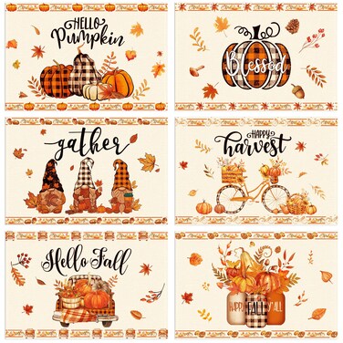 Orange Hello Pumpkin Hello Fall Placemats Set of 6, 12 x 18 Inch Pumpkin Gnome Floral Leaves Autumn Harvest Table Mats for Kitchen Dining Decoration