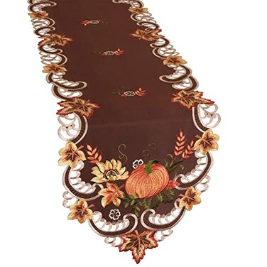 Simhomsen Embroidered Thanksgiving Harvest Pumpkins Brown Round Doily Placemats for Autumn or Fall Decorations (15 Inch Round Doily Set of 4)