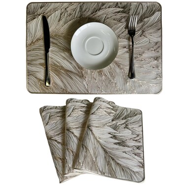 Modern Artistic Waterproof Washable Vinyl Heat Resistant Anti-Slip Placemats Set of 4 Leaf Shaped Stripes Dining Table Mats for Home and Restaurant (Gold)