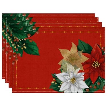 PROCIDA Christmas Poinsettia Placemats Set of 4, 12 x 18 Inch Xmas Winter Red Table Mat Waterproof Washable for Seasonal Holiday Party Dining Decoration