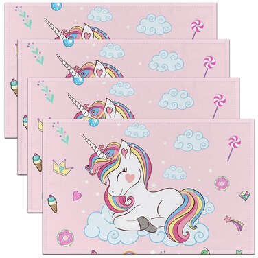 Pink Unicorn Table Mats Placemat Set Cute Unicorn Placemats Set of 4 Kids Magical Unicorn Fairy 12"x18