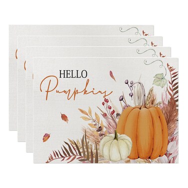 ONFAON Fall Decorations for Home,Fall Placemats Set of 4,Orange Hello Pumpkin Leaves Washable Table Dinner Mats for Autumn Farmhouse Home Kitchen Decor, 12 x 18 Inch CD01