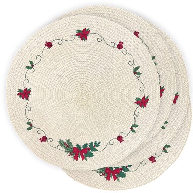 LaneVines Christmas Placemats Set of 4 Round Placemats Christmas, Embroidered Christmas Decorations Table Placemats, Holiday Placemats for Kitchen Dining Table Mats Table Decorations