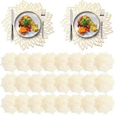 Chengu 80 Pieces Round Pressed Vinyl Placemats Metallic Hollow Out Leaf Flower Table Mats Decorative Wedding Round Placemat for Holiday Party Reception Home Kitchen Dining Table(Gold)