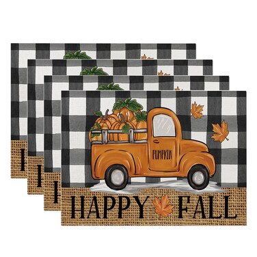 ONFAON Fall Decorations for Home, Fall Placemats Set of 4,Buffalo Plaid Autumn Pumpkins Truck Table Dinner Mats for Autumn Farmhouse Home Kitchen Decor, 12 x 18 Inch CZD02