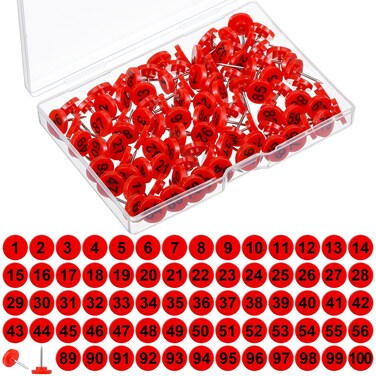 Teling 100 Pcs Numbered Push Pin Tacks 100 Sequential Pins Thumb Tacks Flat Tacks Push Pins with Numbers 11 mm Diameter 16 mm Length Thumbtacks for Maps, Presentations, Photo, Poster (Red)