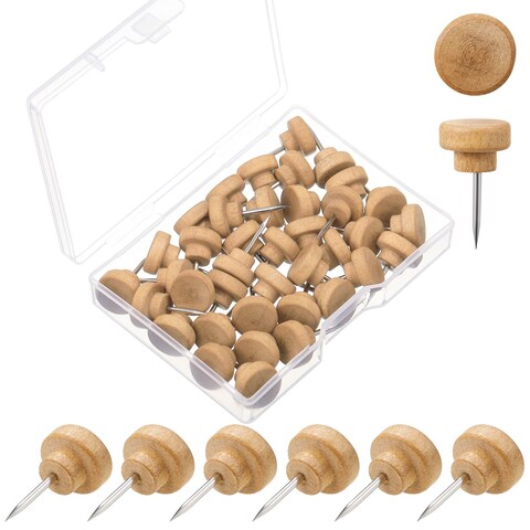 Gueevin 100 Pcs Wooden Push Pins Decorative Wood Thumb Tacks Map Tacks for Wall Hanging Bulletin Boards, Cork Boards, Foam Boards, Map Photos Calendar and Home Office Supplies with Box(Natural Wood)