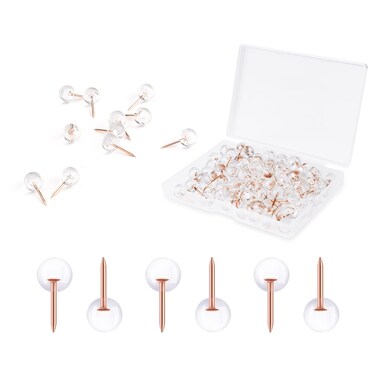 100pcs Thumb Tacks, Rose Gold Flat Push Pins with Storage Box, Clear Round Push Pins Bulletin Board Push Pins for Cork Board Rose Gold Office Supplies and Accessories
