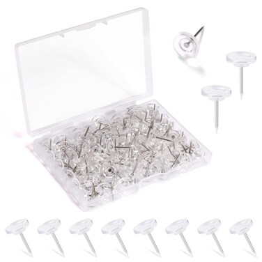 JIMSUMM 150 PCS Push Pins, Standard Plastic Head Steel Point Clear Thumb Tacks for Wall, Clear Plastic Round Head for Bulletin Boards, Fabric Markers, Crafts and Office Organization (Clear)