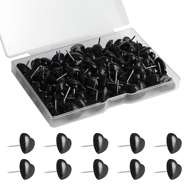 AIEX 100pcs Black Push Pins, Plastic Pushpins Thumb Tacks Decorative Push Pins for Cork Board Bulletin Board Wall Office School Home Use (Love Heart Style)