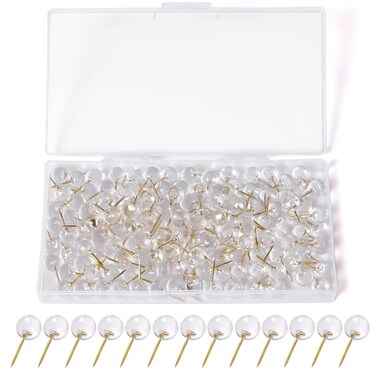JIMSUMM 150 PCS Push Pins, Standard Plastic Thumb Tacks, Plastic Head Steel Point Thumb Tacks for Wall, Transparent Plastic Round Head for Bulletin Board, Crafts and Office Organization (Gold)