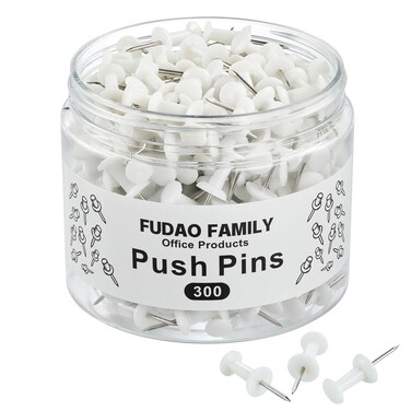 FUDAO FAMILY 300pcs Push Pins for Bulletin Board, Thumb Tacks for Wall Corkboard, Map Pins - Home Office Craft Projects Plastic Head Steel Push Pin (White)