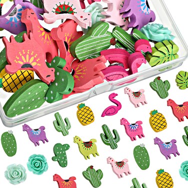 Zonon 30 Pieces Decorative Push Pins Set Tropical Wooden Push Pins Thumbtacks Cute Cactus Llama Flamingo Alpaca Leaf Thumb Tacks for Cork Board Photos Wall Home Office School Supplies, 15 Styles