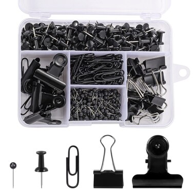500 Pcs Black push pins Set, Binder Clips Paper Clips Map Tacks Sets Decorativefor Cork Board 5 Style Black Office Supplies for School and Home (Black)