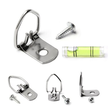 Mriuuod 100Pcs D Rings Picture Hanging, D Hooks for Picture Hangers, Small D Ring Hangers Hardware with Mini Cylindrical Level, Frame Hangers for Sign Canvas Galleries Exhibiting Artist