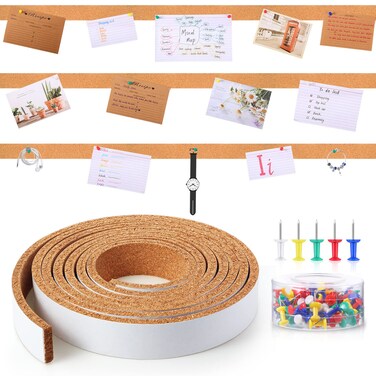 Uanchu Cork Strips Bulletin Bar Strips Pin Board Bar Strips Frameless Notice Board Strip with 1 Roll Double Side Tape 100 Push Pins for Office Back to School Notes Photos(Brown,158 Inch)