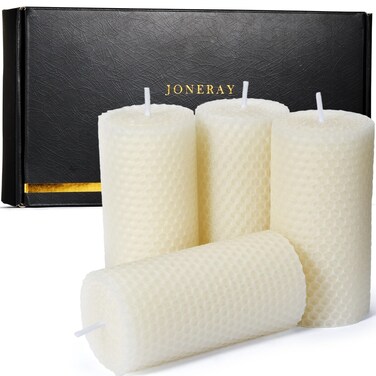 JONERAY 4pcs Beeswax Pillar Candles, 2"x4" Pure Natural Handmade Beeswax Candles, Hand-Rolled Honeycomb Candles for Table Decoration (Ivory)