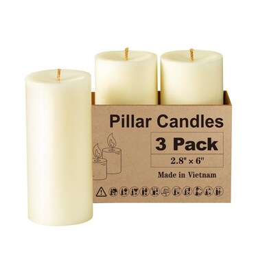 Ashlux Ivory Pillar Candles, Set of 3 Wax,70 Hours Long Burning,Unscented and Dripless Pillar Candles Bulk,Large Pillar Candles (2.8x6 inch) for Christmas,Wedding,Parties, Spas,Home Decorative